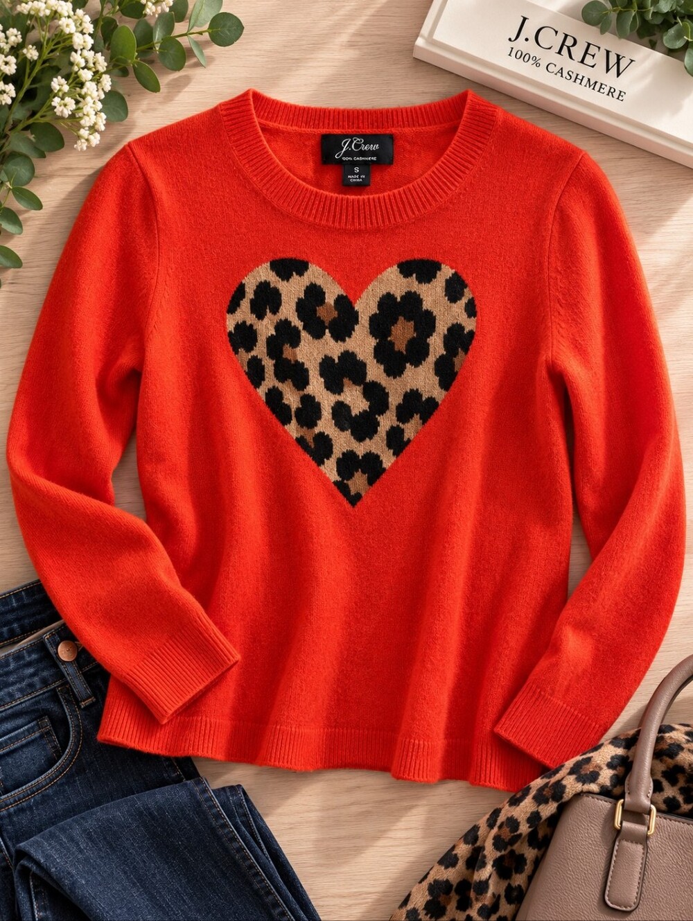 J.Crew 100% Cashmere Leopard Heart Sweater Orange Red Small J6441